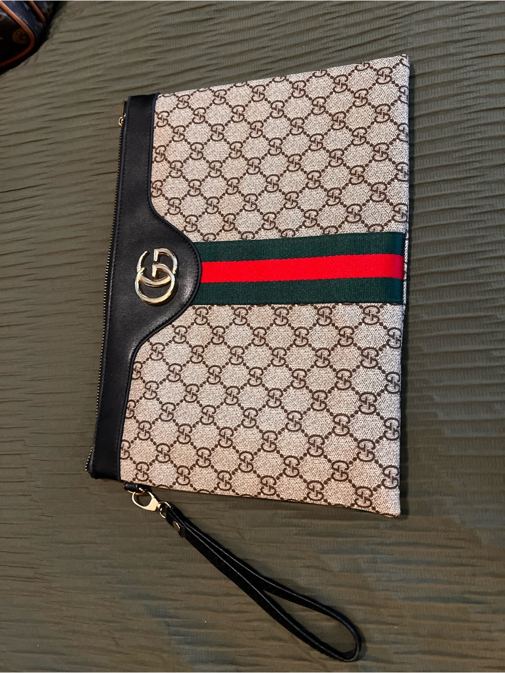 Beige Monogram Clutch with Green-Red Stripe and Black Trim